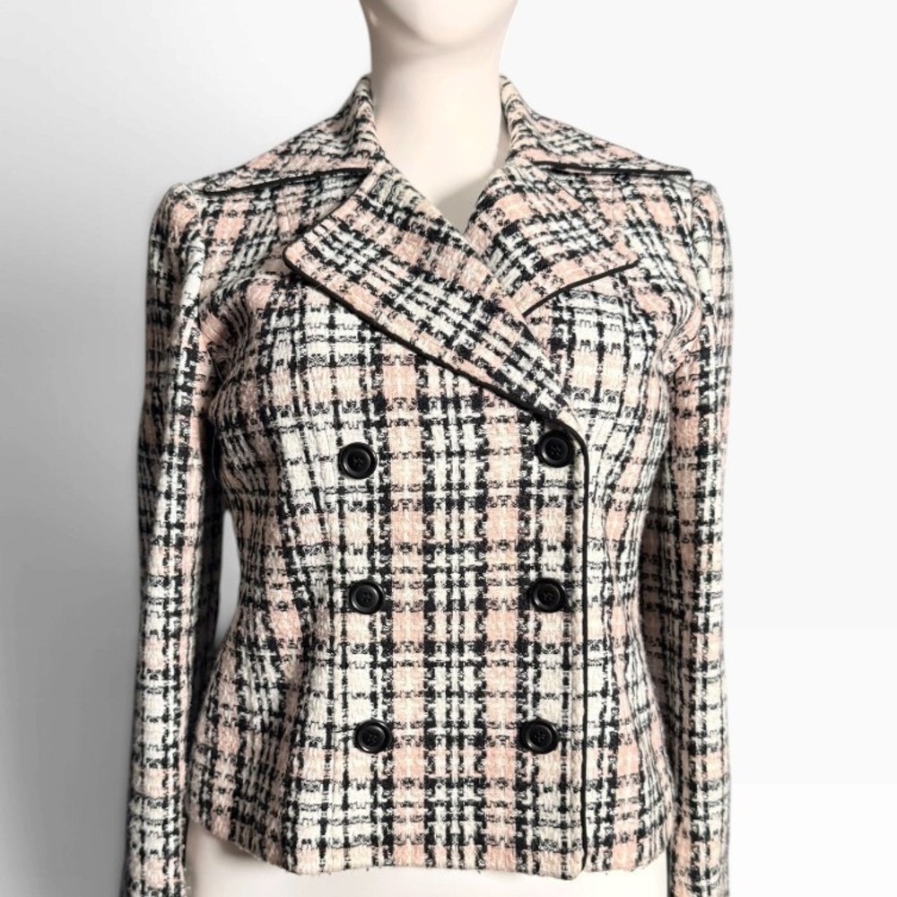 Vintage Jones New York Suit Size 4 Pink Black Plaid Tweed Double Breasted Blazer